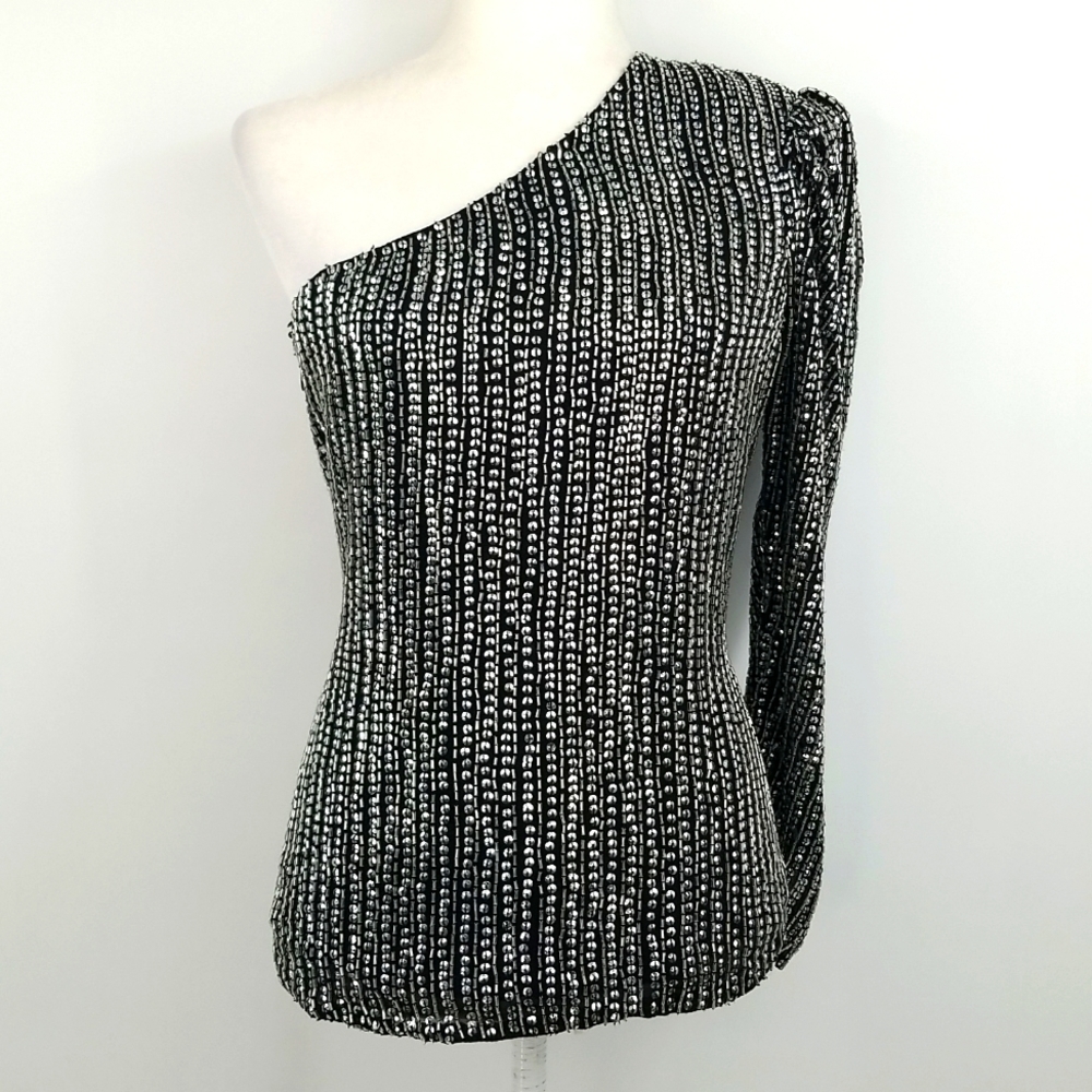 Parker One Shoulder Silver Sequined Black Lined Blouse Y2K‎ Party